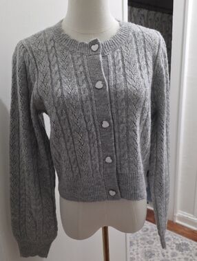 CeCe Light Gray Cable Knit Cardigan with Heart Buttons